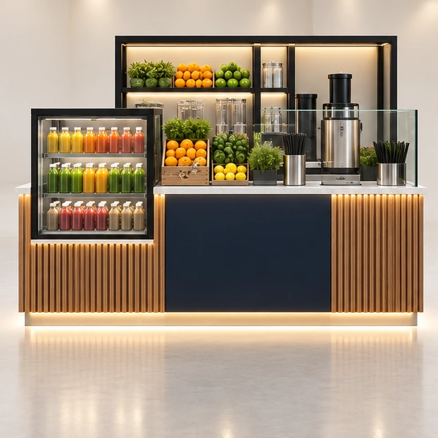 Cold-Pressed Juice Kiosk with Bottle Display customer-facing service and display view