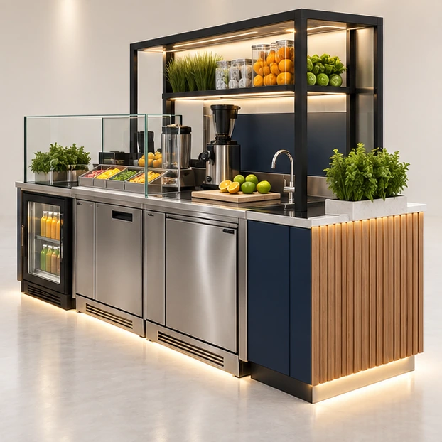 Cold-Pressed Juice Kiosk with Bottle Display operator-side equipment, access, and storage view
