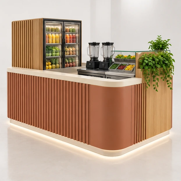 Compact Juice Bar Kiosk with Dual Blender Station opposite angle showing its complete footprint and display layout