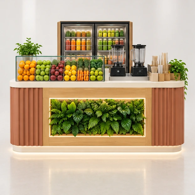 Compact Juice Bar Kiosk with Dual Blender Station customer-facing service and display view