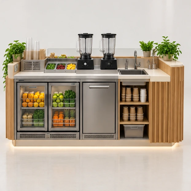 Compact Juice Bar Kiosk with Dual Blender Station operator-side equipment, access, and storage view
