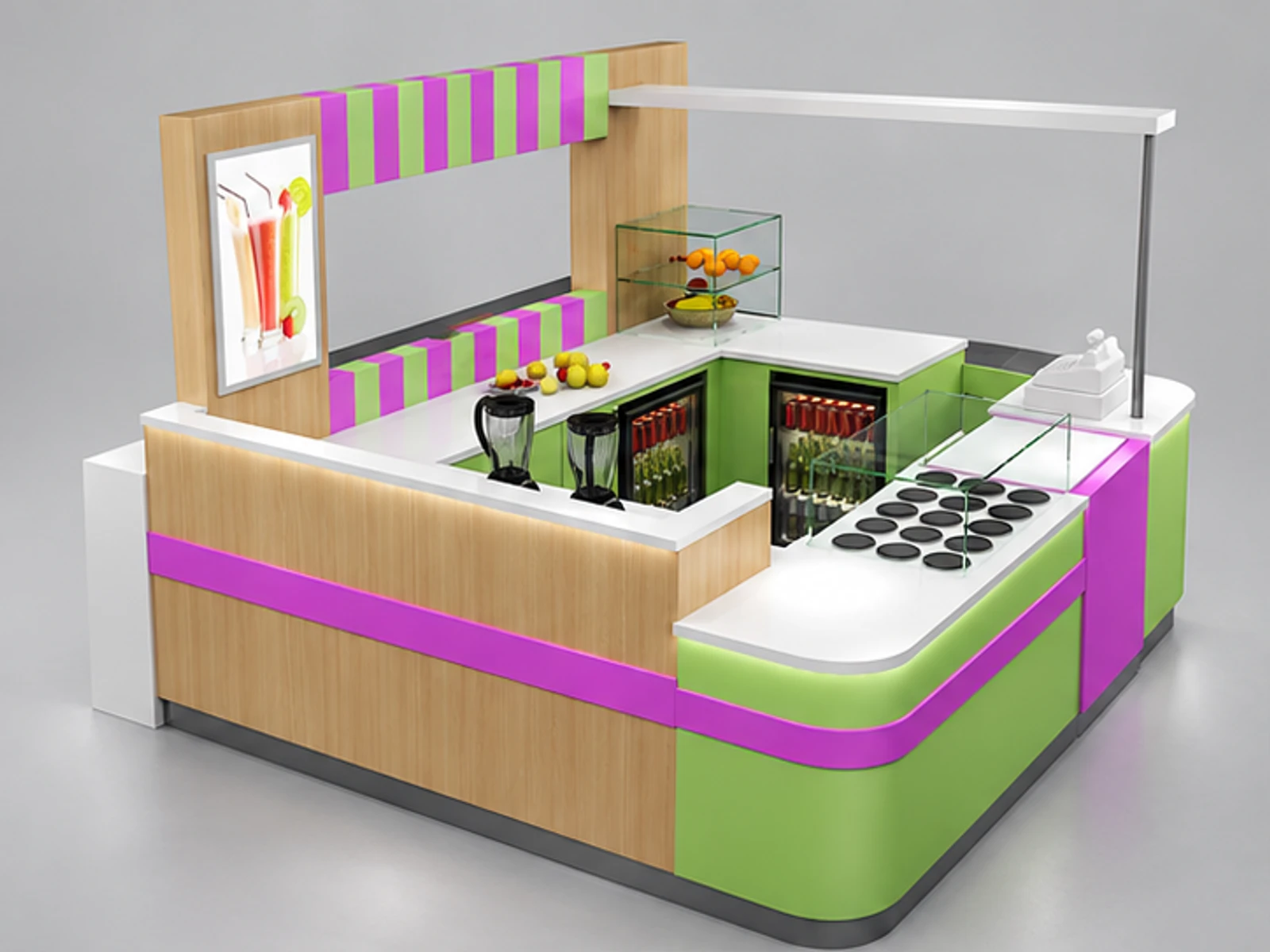 Creative fresh juice bar kiosk lemon juice bar counter used in mall main three-quarter view