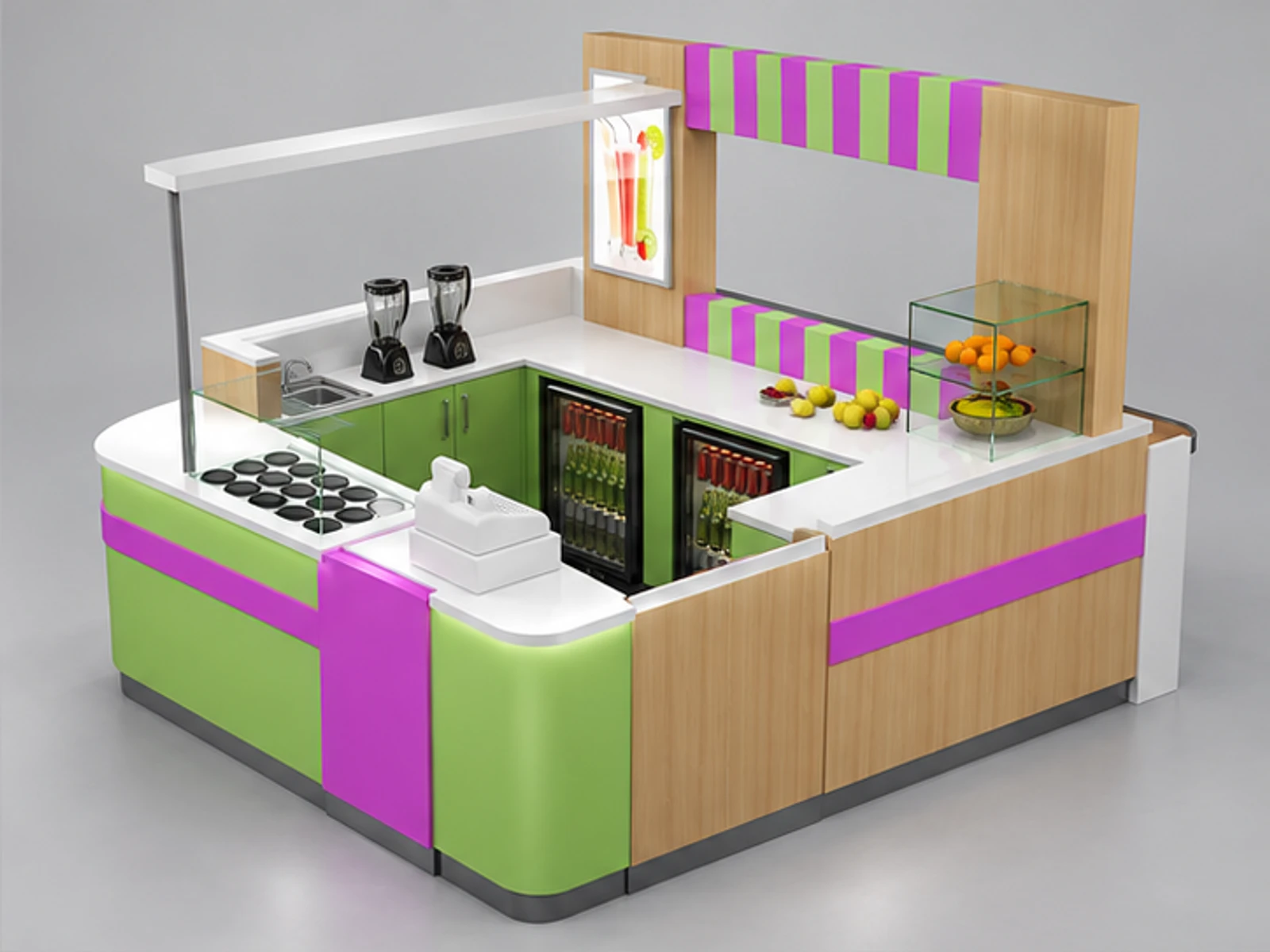 Creative fresh juice bar kiosk lemon juice bar counter used in mall opposite angle and overall footprint
