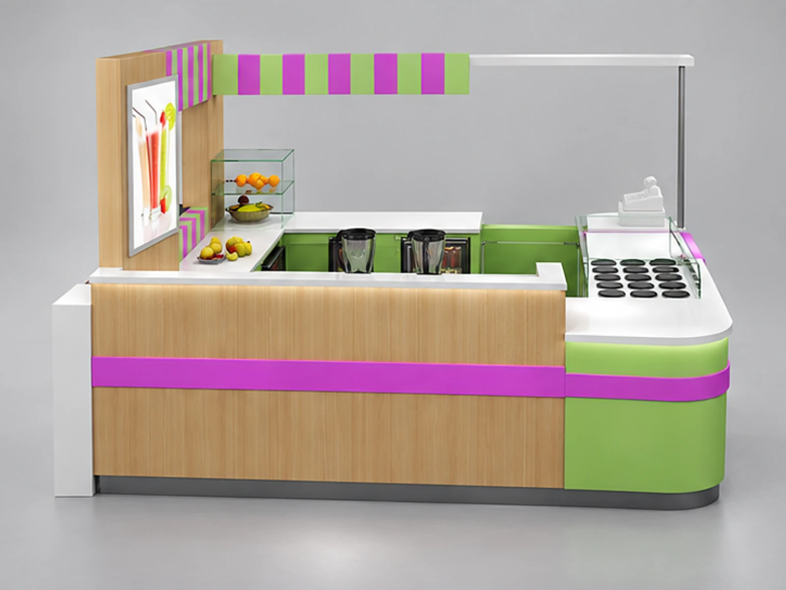 Creative fresh juice bar kiosk lemon juice bar counter used in mall customer-facing service and display view