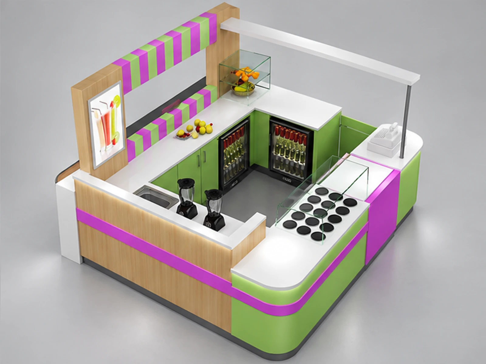 Creative fresh juice bar kiosk lemon juice bar counter used in mall staff-side equipment and storage view