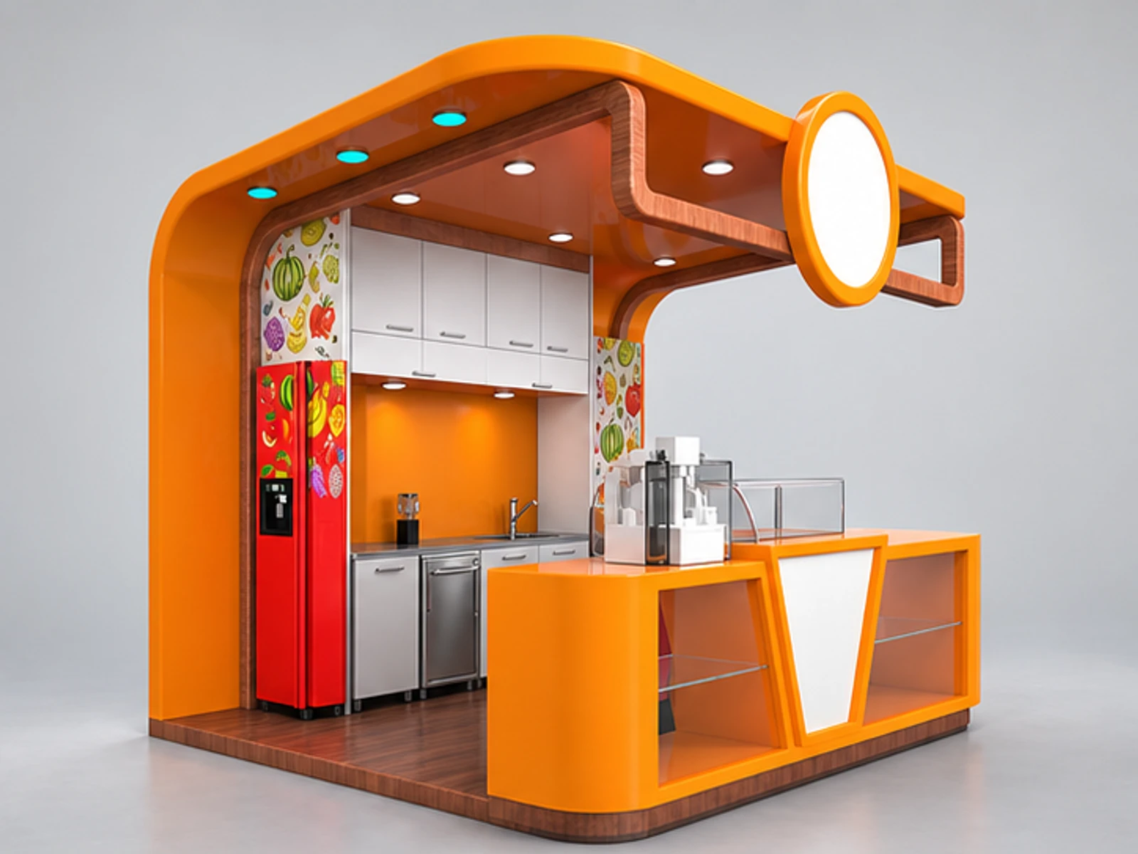 Customized Juice Kiosk & Bubble Tea Bar Counter with Modern Design in Retail Store opposite angle and overall footprint