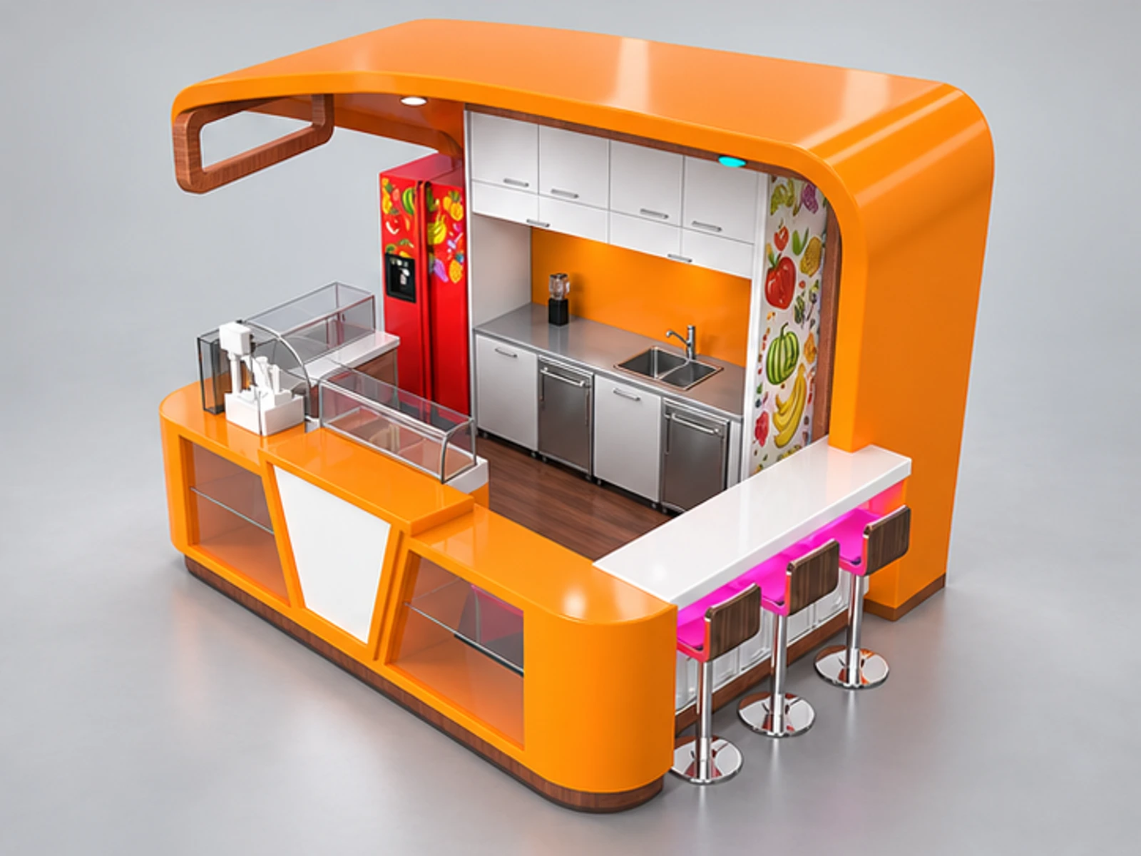 Customized Juice Kiosk & Bubble Tea Bar Counter with Modern Design in Retail Store staff-side equipment and storage view