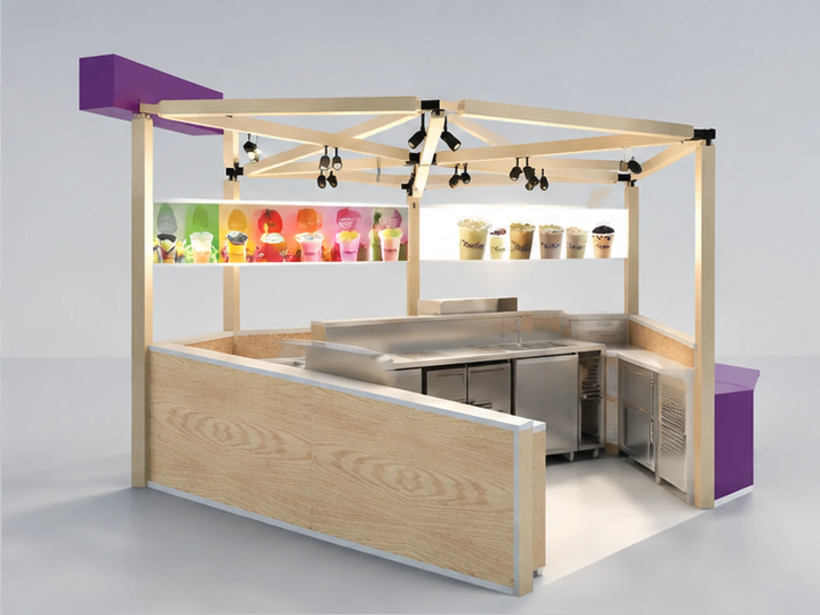 Customized Juice Kiosk & Bubble Tea Bar Counter with Professional Design for Sale opposite angle and overall footprint