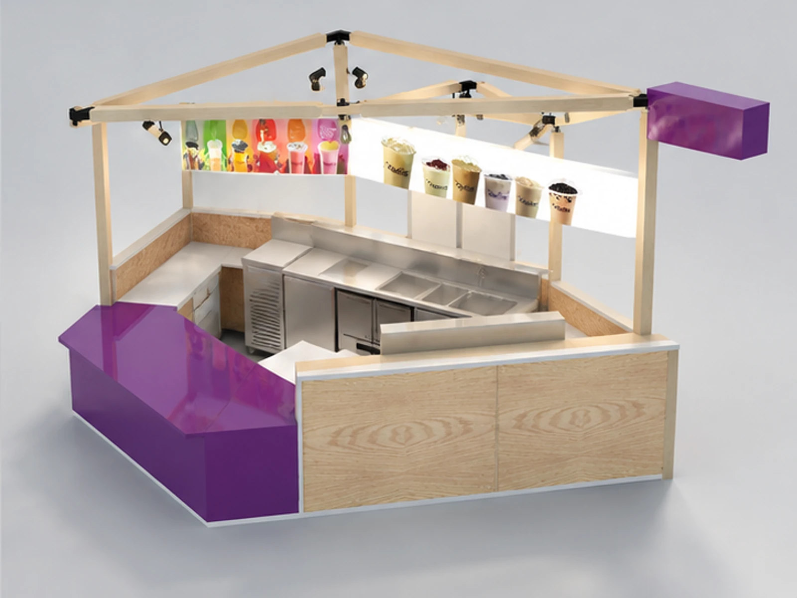 Customized Juice Kiosk & Bubble Tea Bar Counter with Professional Design for Sale staff-side equipment and storage view