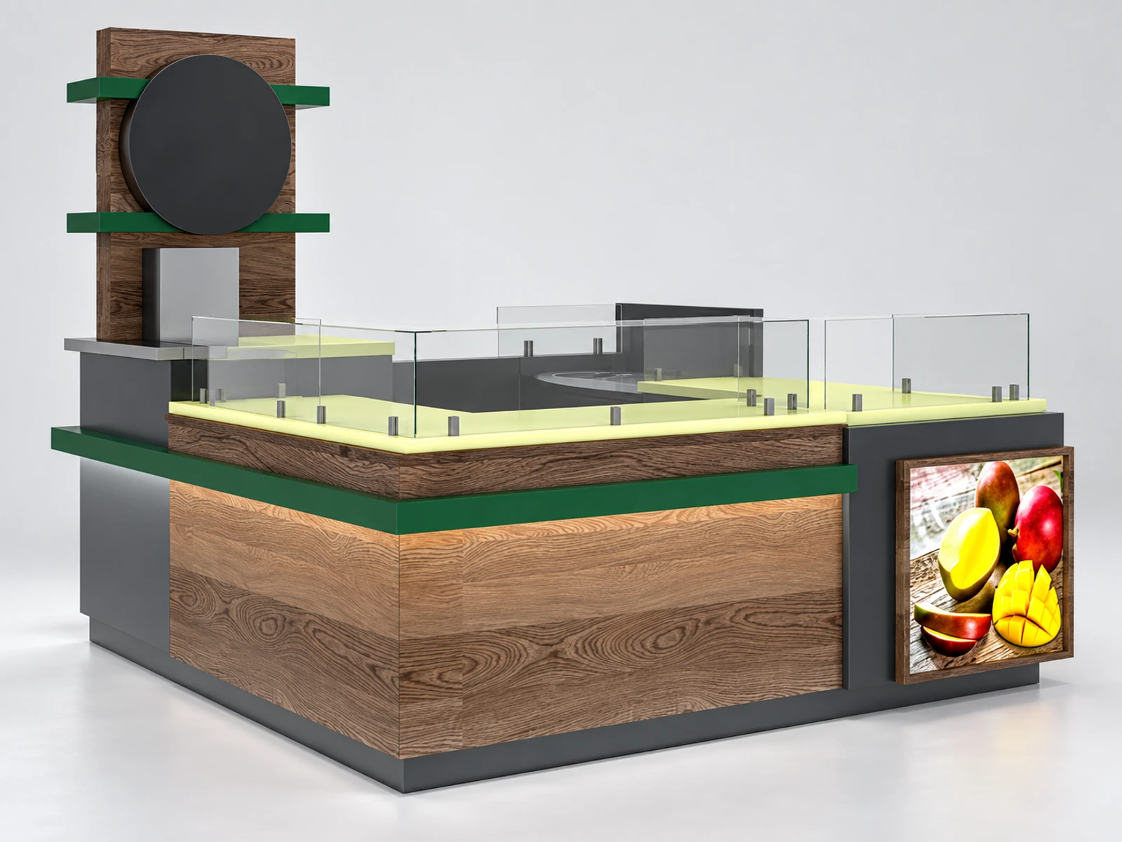Mango Kiosk Design | Customized Juice Kiosk & Mango Bar Counter For Sale opposite angle and overall footprint