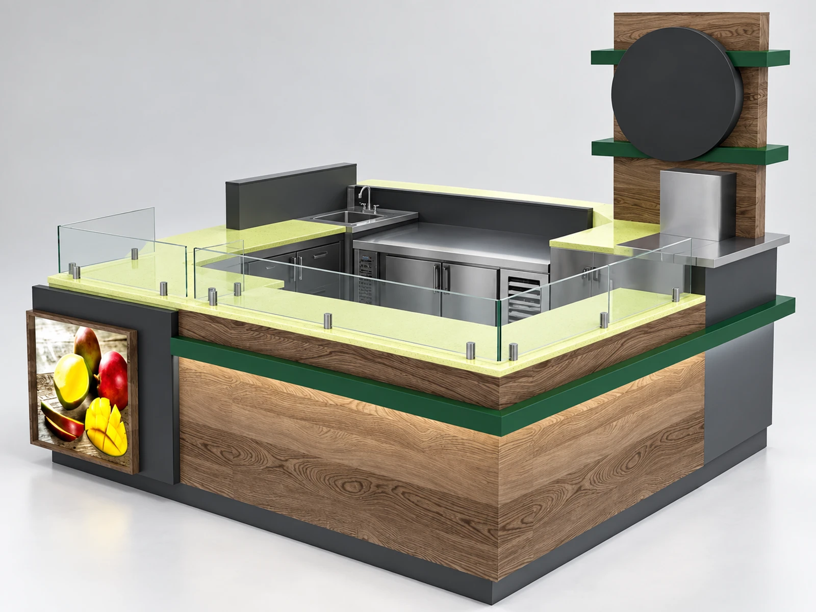 Mango Kiosk Design | Customized Juice Kiosk & Mango Bar Counter For Sale staff-side equipment and storage view