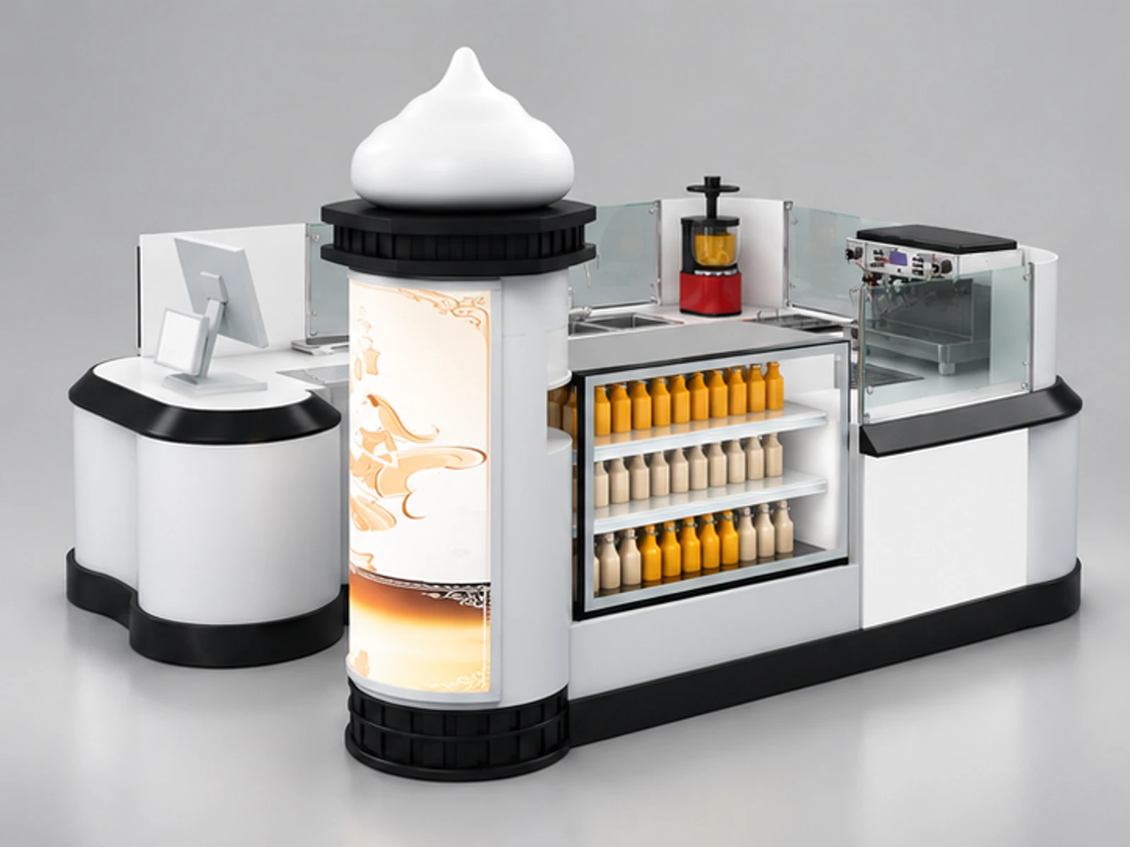 Special shape juice retail kiosk | attractive mall drinks stand main three-quarter view