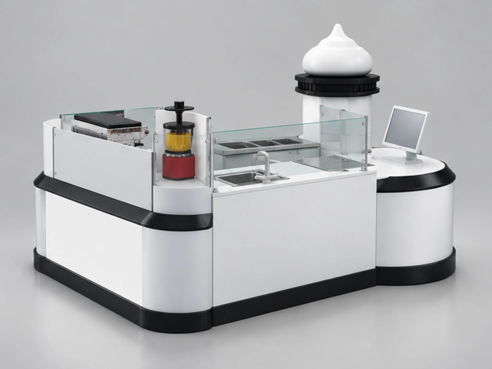 Special shape juice retail kiosk | attractive mall drinks stand opposite angle and overall footprint