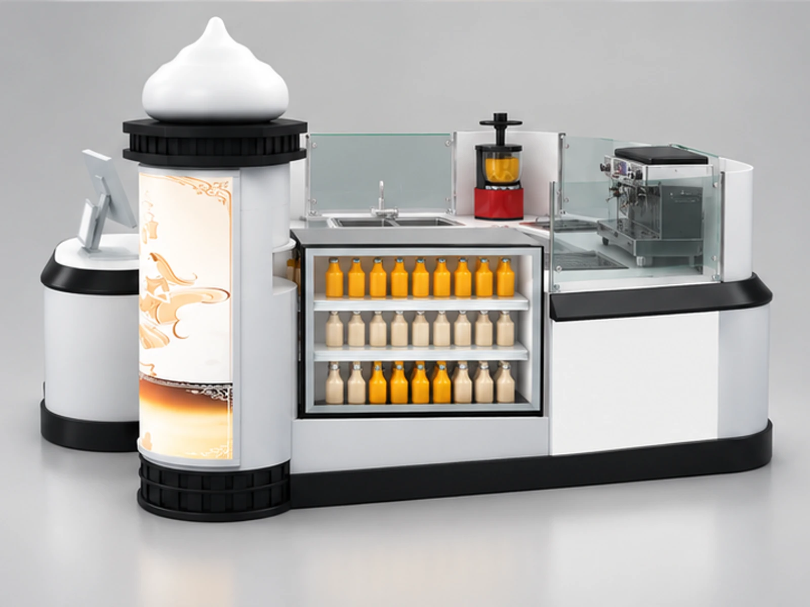 Special shape juice retail kiosk | attractive mall drinks stand customer-facing service and display view