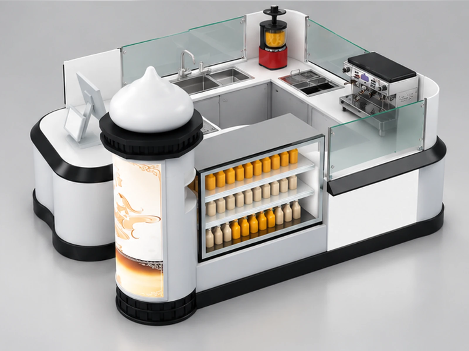 Special shape juice retail kiosk | attractive mall drinks stand staff-side equipment and storage view