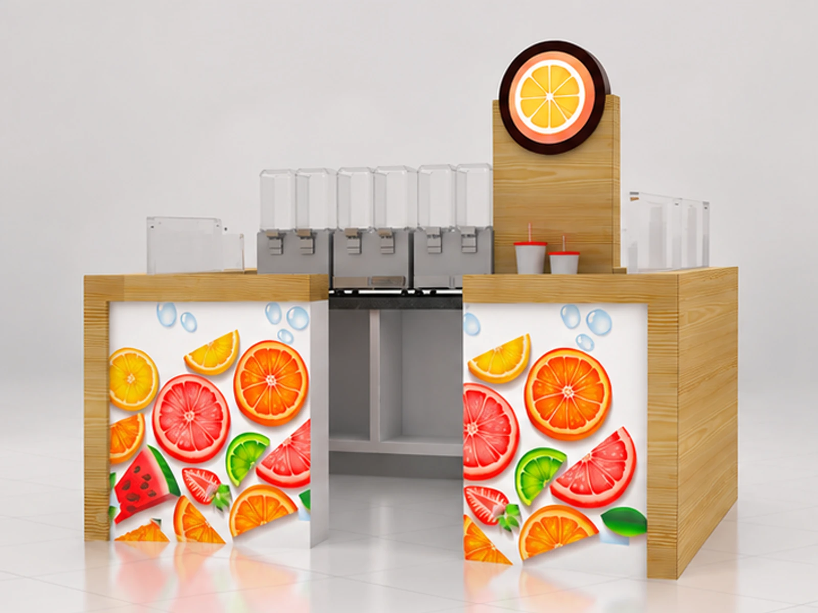 Wooden beautiful juice display kiosk | shopping mall retail juice stand main three-quarter view