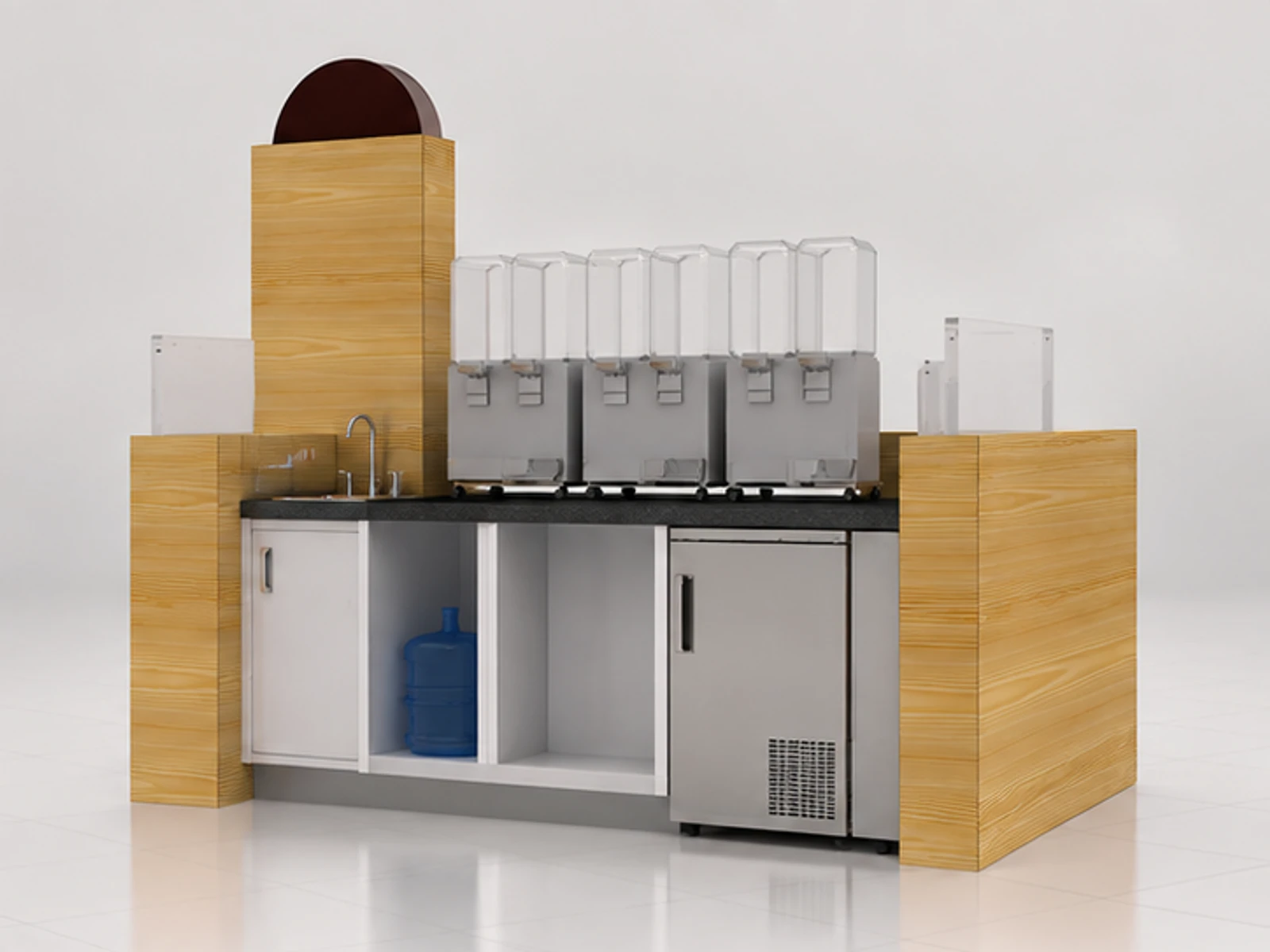 Wooden beautiful juice display kiosk | shopping mall retail juice stand opposite angle and overall footprint