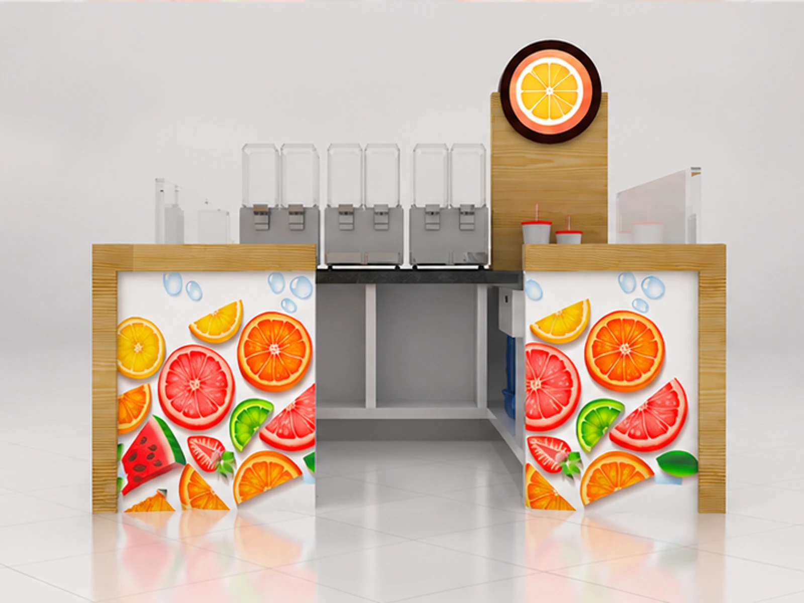 Wooden beautiful juice display kiosk | shopping mall retail juice stand customer-facing service and display view