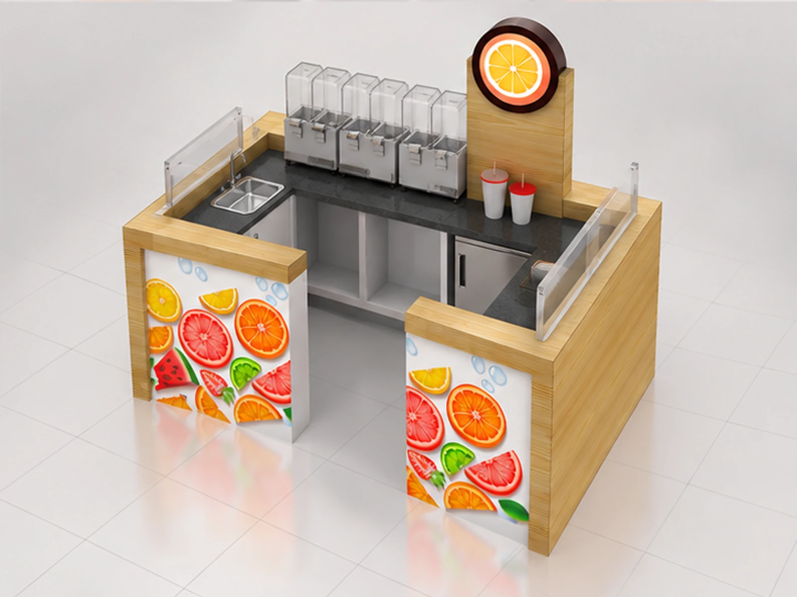 Wooden beautiful juice display kiosk | shopping mall retail juice stand staff-side equipment and storage view
