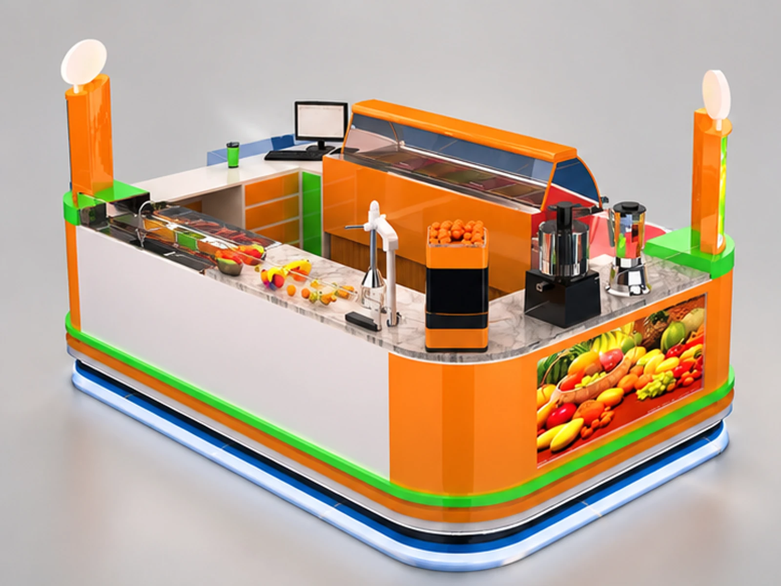 Factory price orange juice bar counter|fresh juice kiosk with ice cream display for sale main three-quarter view