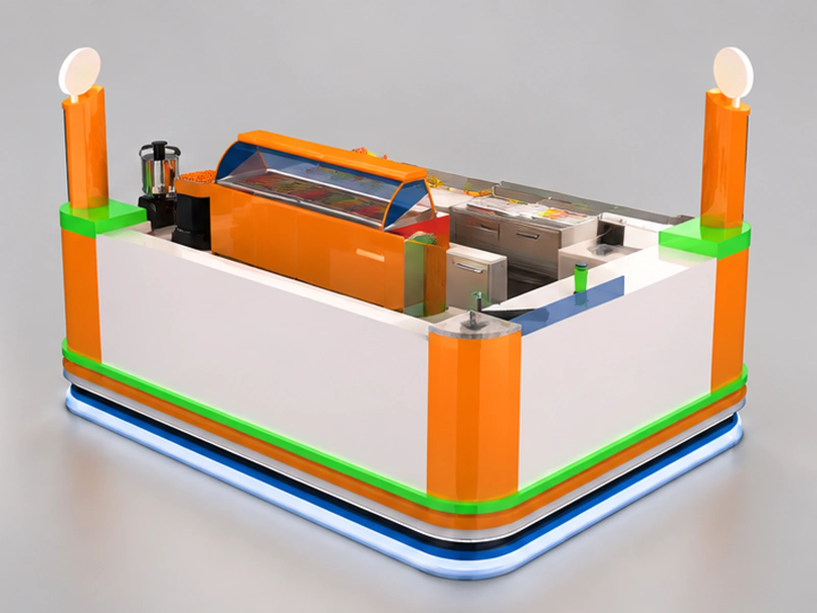 Factory price orange juice bar counter|fresh juice kiosk with ice cream display for sale opposite angle and overall footprint