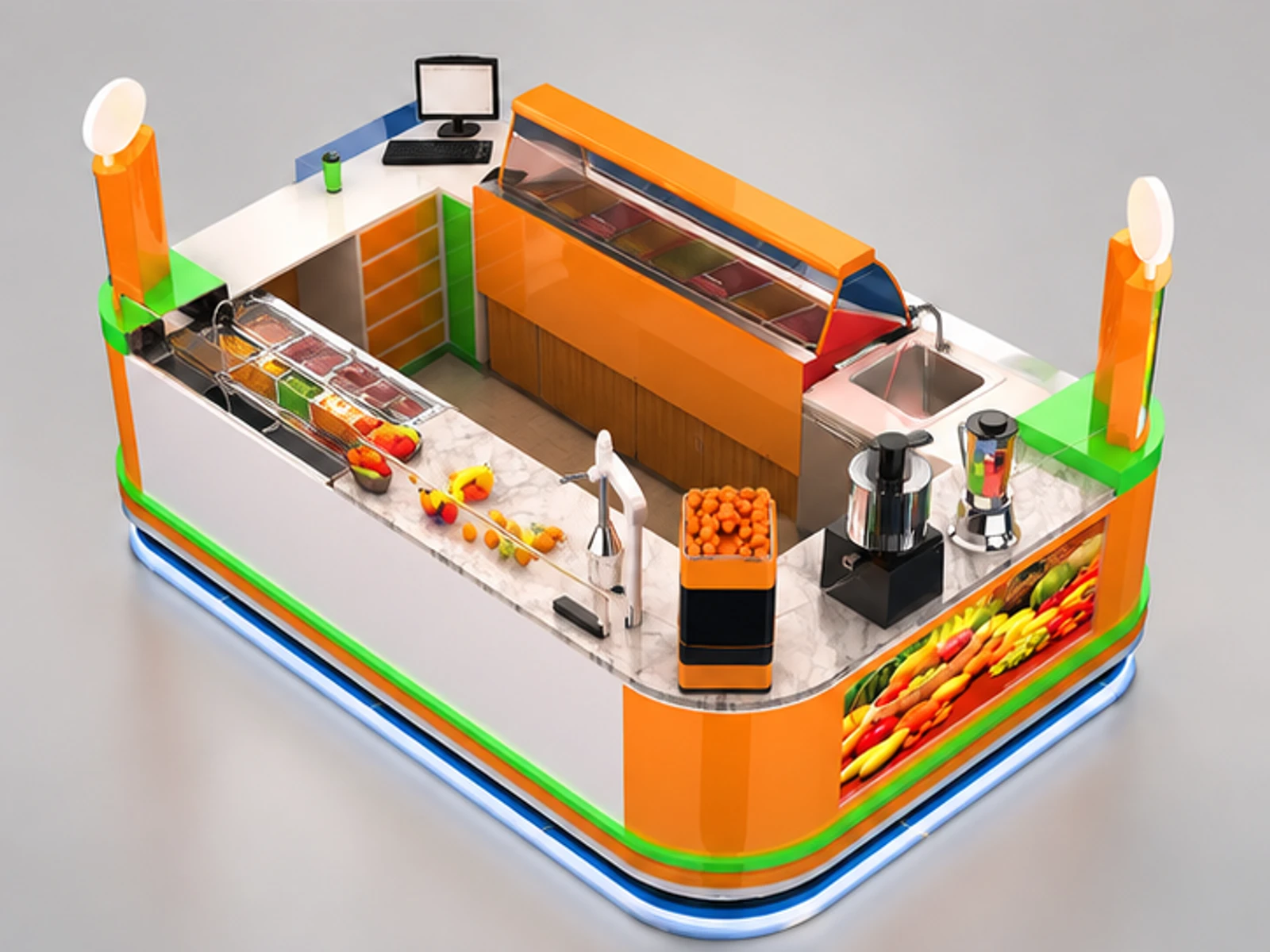 Factory price orange juice bar counter|fresh juice kiosk with ice cream display for sale staff-side equipment and storage view