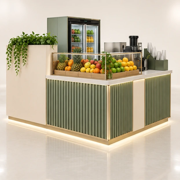 Fresh Fruit Juice Kiosk with Visible Prep Counter opposite angle showing its complete footprint and display layout
