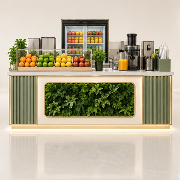 Fresh Fruit Juice Kiosk with Visible Prep Counter customer-facing service and display view