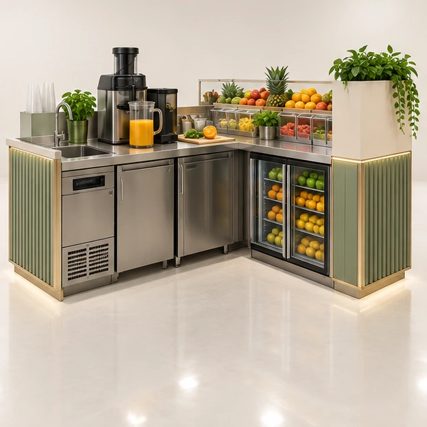 Fresh Fruit Juice Kiosk with Visible Prep Counter operator-side equipment, access, and storage view