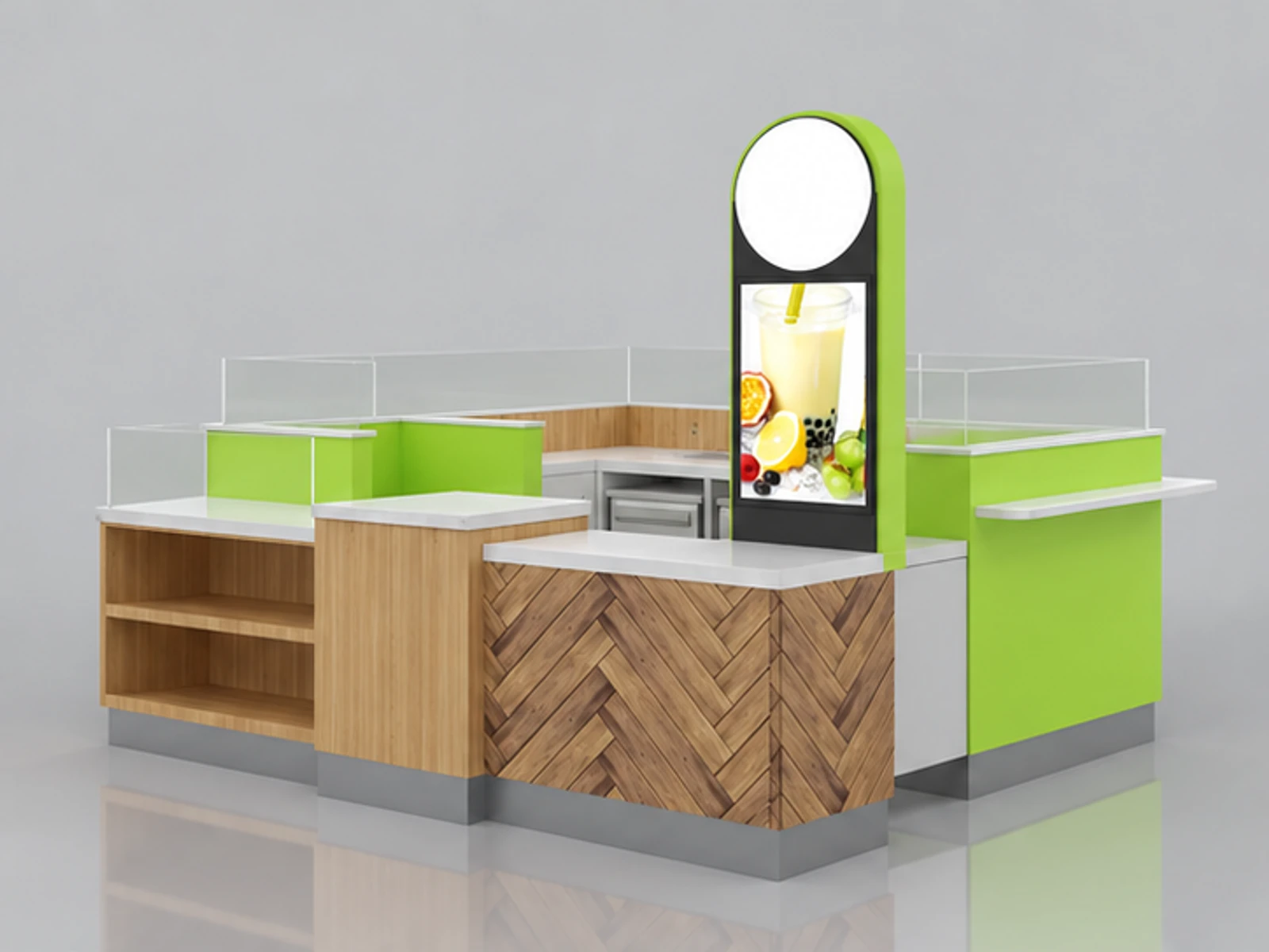 Fresh juice display counter | fruit juice kiosk for sale main three-quarter view