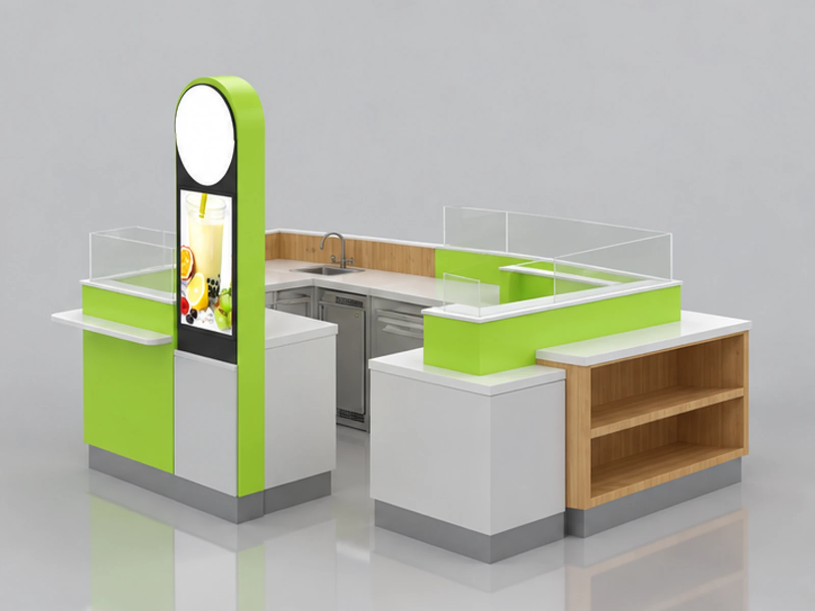Fresh juice display counter | fruit juice kiosk for sale opposite angle and overall footprint