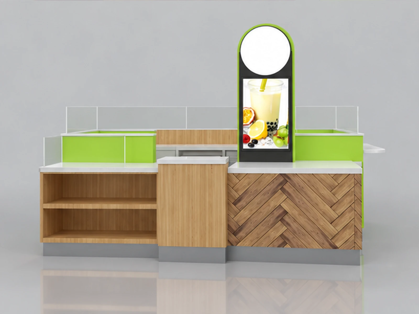 Fresh juice display counter | fruit juice kiosk for sale customer-facing service and display view
