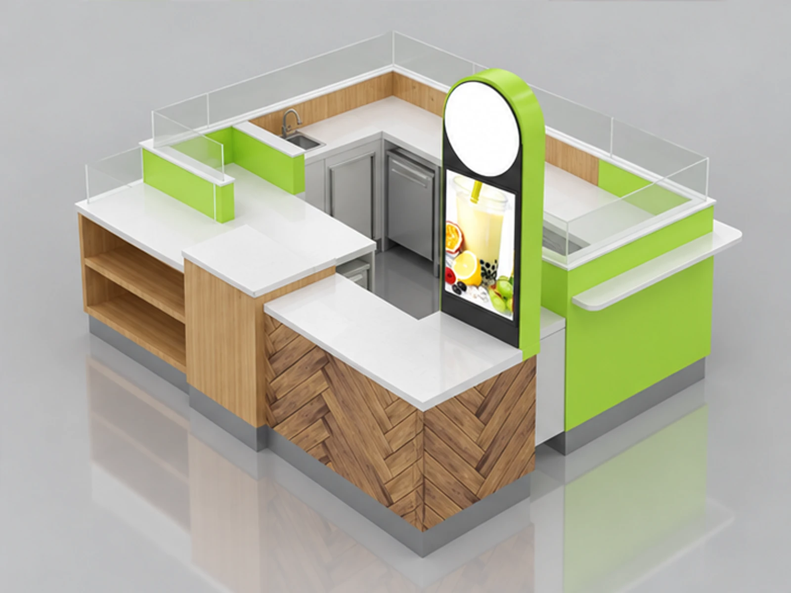 Fresh juice display counter | fruit juice kiosk for sale staff-side equipment and storage view