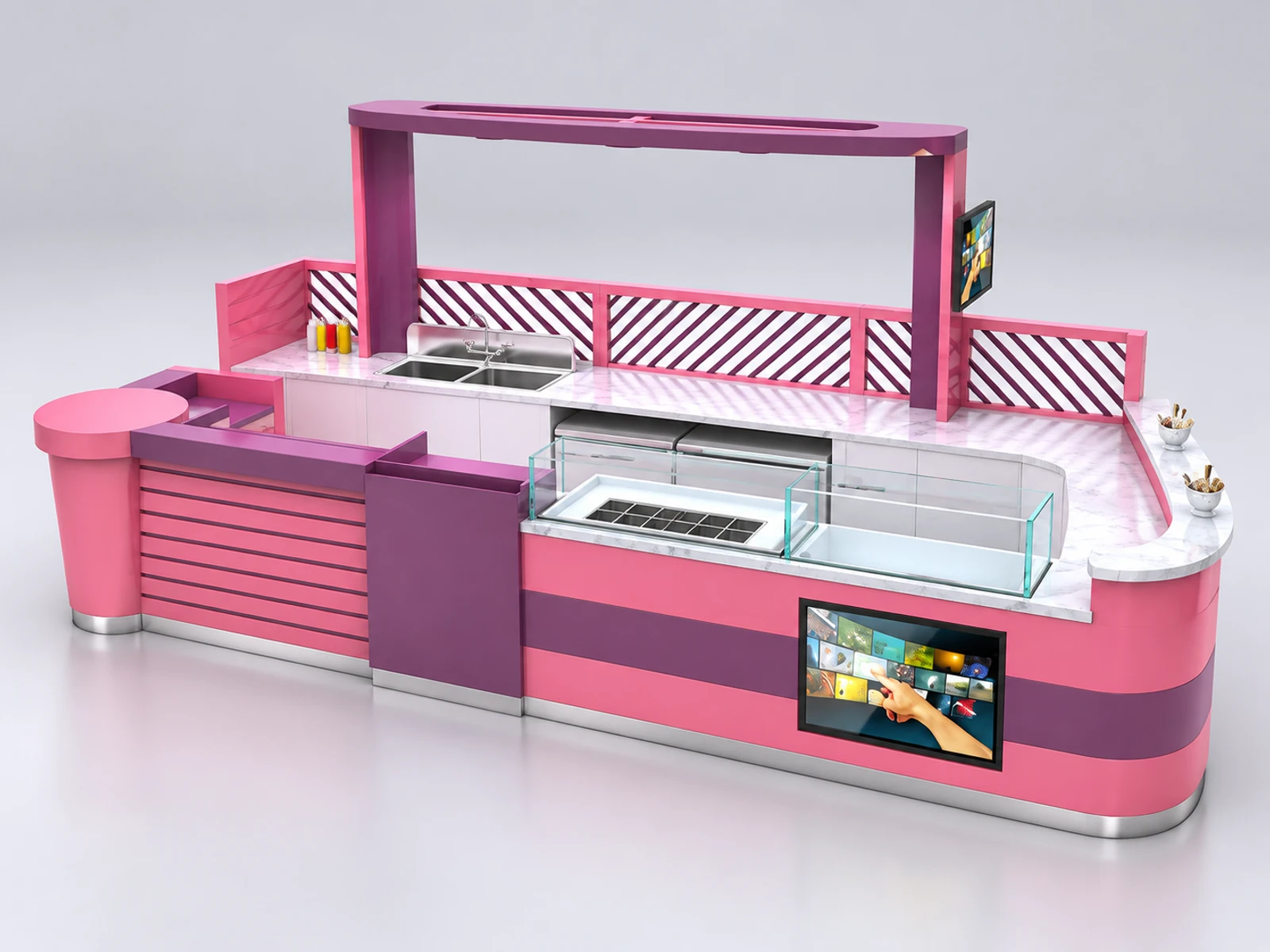 Fresh Juice Fruit Kiosk & Juice Bar Counter with Customized Design in Retail Store for Sale opposite angle and overall footprint