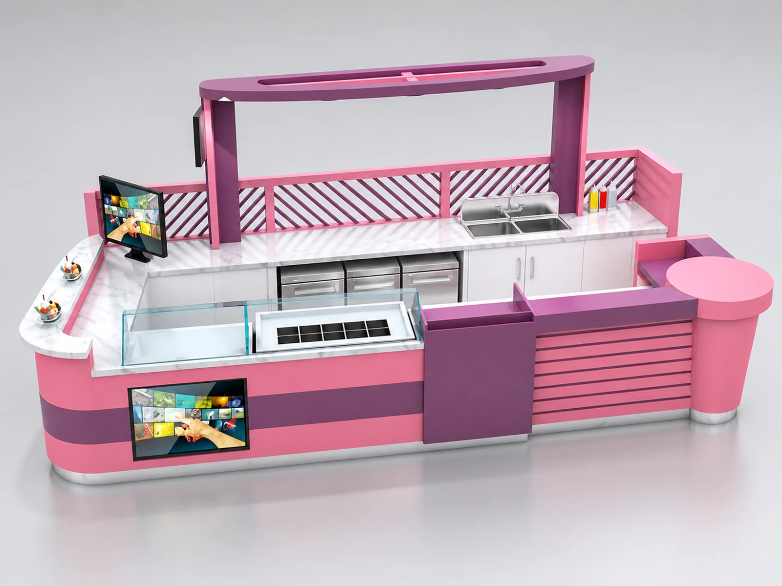 Fresh Juice Fruit Kiosk & Juice Bar Counter with Customized Design in Retail Store for Sale staff-side equipment and storage view