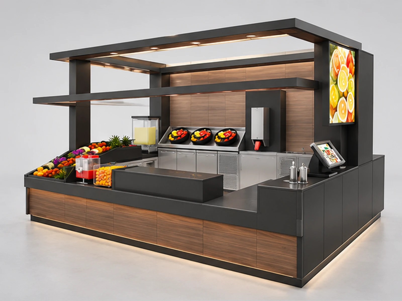 Fruit Juice Kiosk Design |Custom Mall fast food kiosk for sale opposite angle and overall footprint