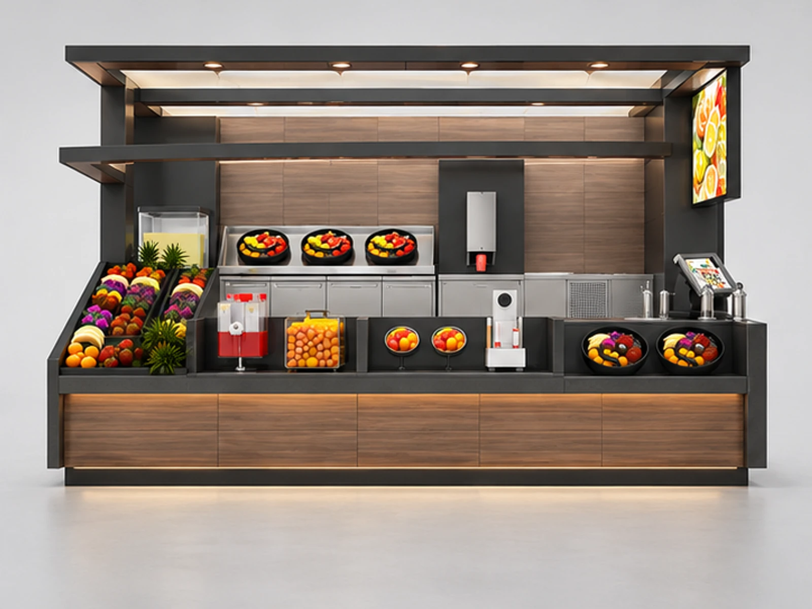 Fruit Juice Kiosk Design |Custom Mall fast food kiosk for sale customer-facing service and display view