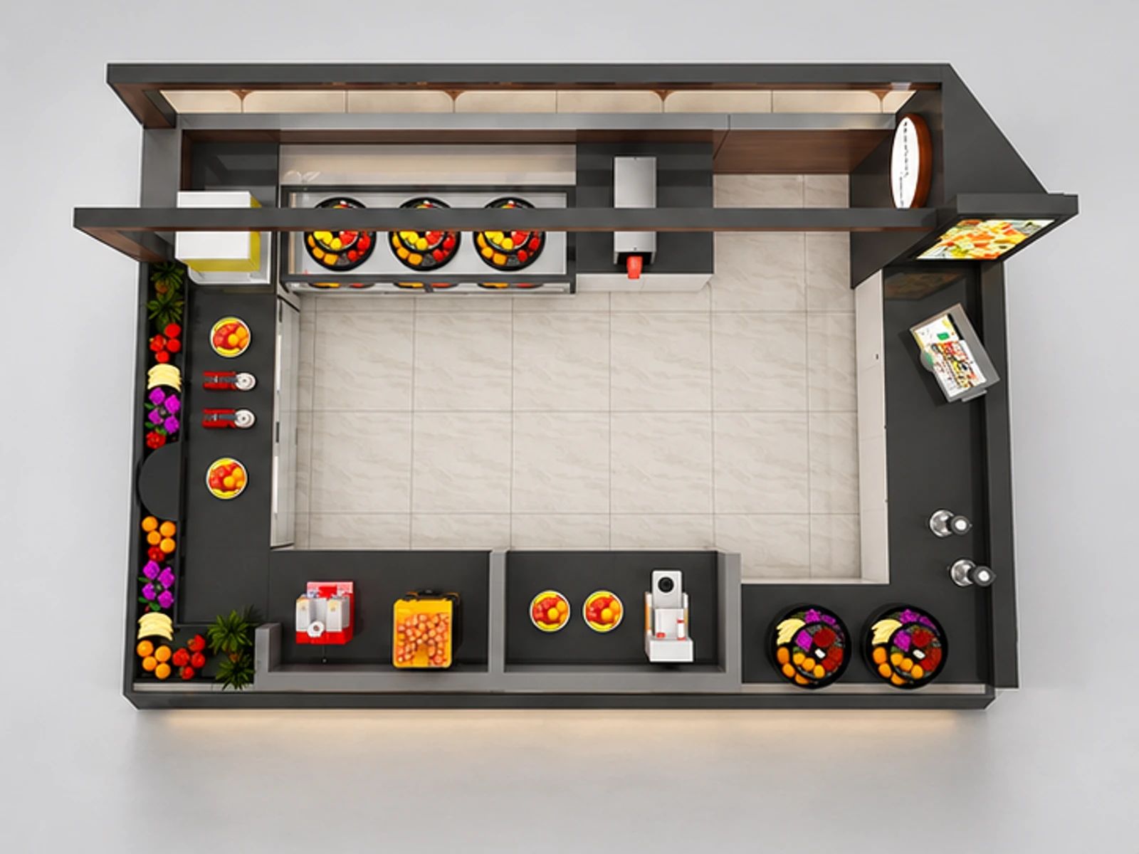 Fruit Juice Kiosk Design |Custom Mall fast food kiosk for sale staff-side equipment and storage view