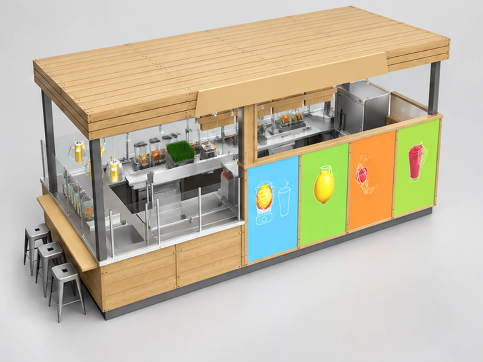 High Quality Indoor Juice Kiosk Design Beverage Counter Retail Booth for Sale staff-side equipment and storage view
