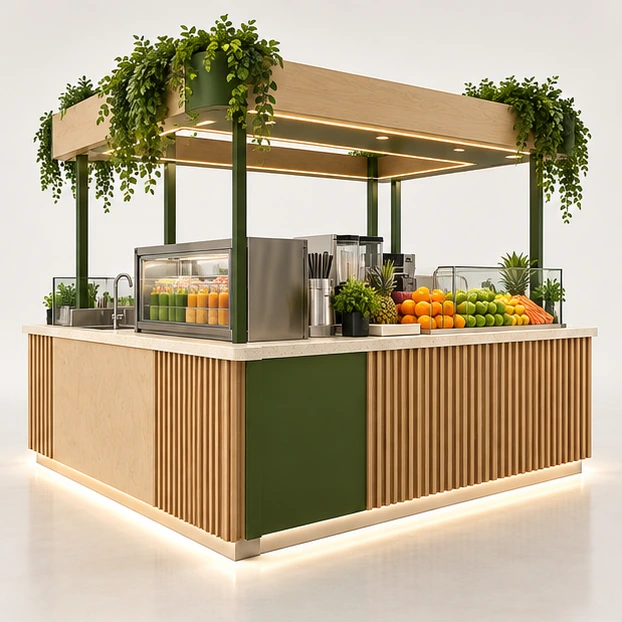 High-Volume Juice Kiosk with Two-Sided Service opposite angle showing its complete footprint and display layout
