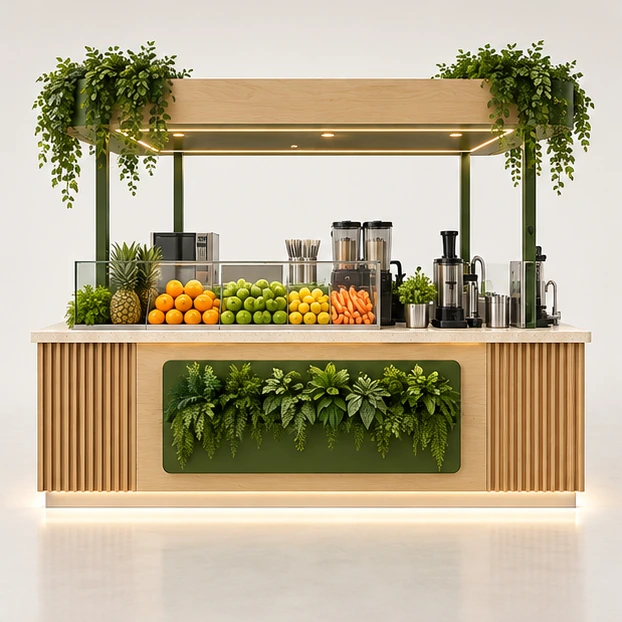 High-Volume Juice Kiosk with Two-Sided Service customer-facing service and display view
