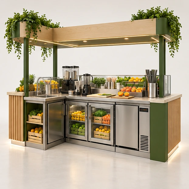 High-Volume Juice Kiosk with Two-Sided Service operator-side equipment, access, and storage view