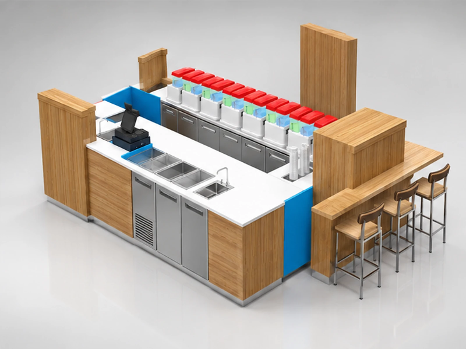 Hot sale juice kiosk & smoothies stand | Portable drink bar counter in mall for sale staff-side equipment and storage view