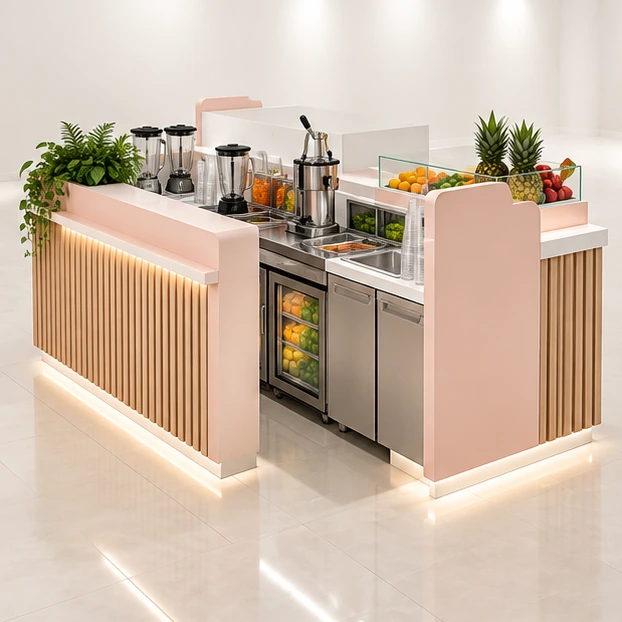 Island Juice Kiosk with Separate Order and Pickup opposite angle showing its complete footprint and display layout