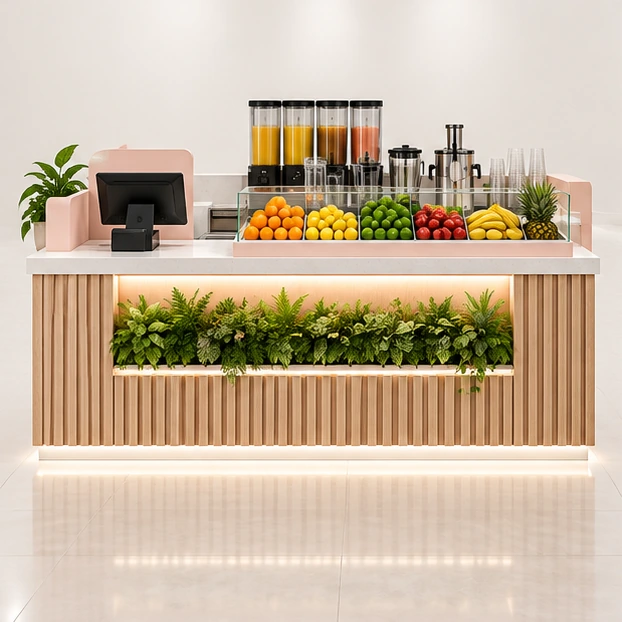 Island Juice Kiosk with Separate Order and Pickup customer-facing service and display view