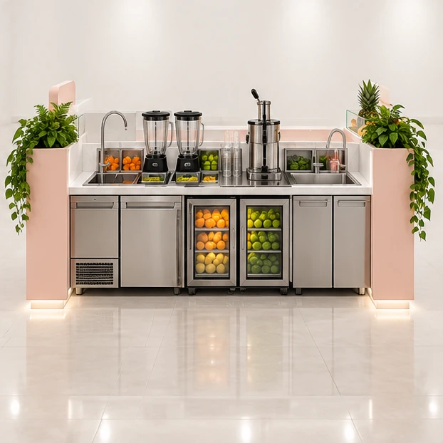 Island Juice Kiosk with Separate Order and Pickup operator-side equipment, access, and storage view