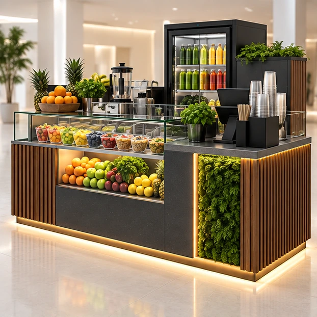 Juice and Fruit Bowl Kiosk with Refrigerated Case main three-quarter product rendering