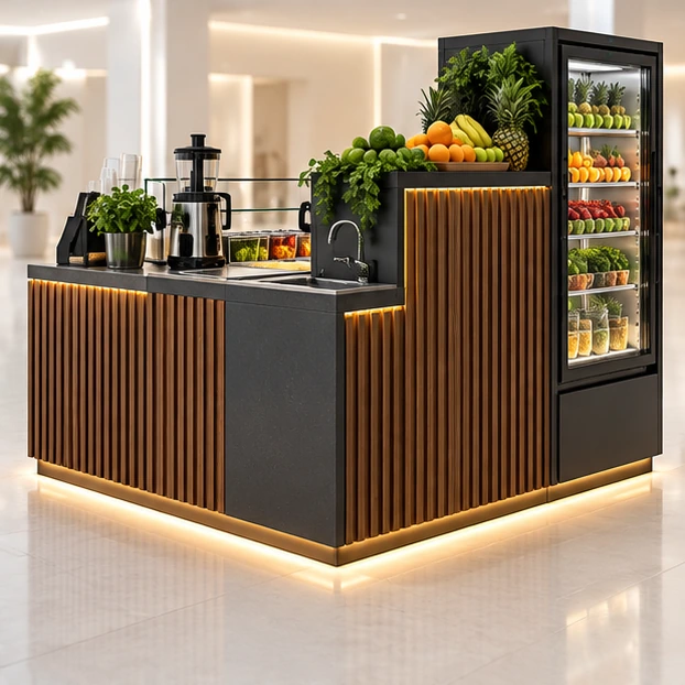 Juice and Fruit Bowl Kiosk with Refrigerated Case opposite angle showing its complete footprint and display layout