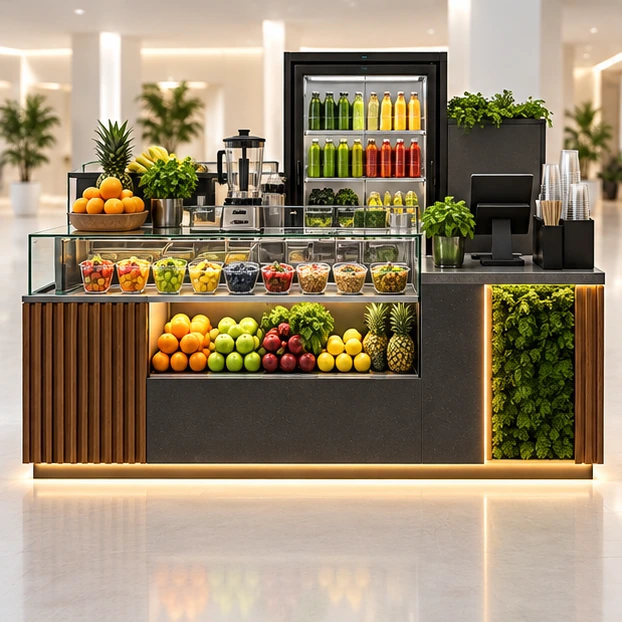 Juice and Fruit Bowl Kiosk with Refrigerated Case customer-facing service and display view
