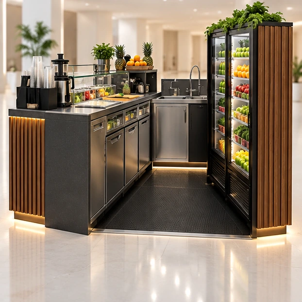 Juice and Fruit Bowl Kiosk with Refrigerated Case operator-side equipment, access, and storage view